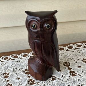 Vintage Hand Carved Detailed Ironwood Horned Owl Sculpture Statue 9”